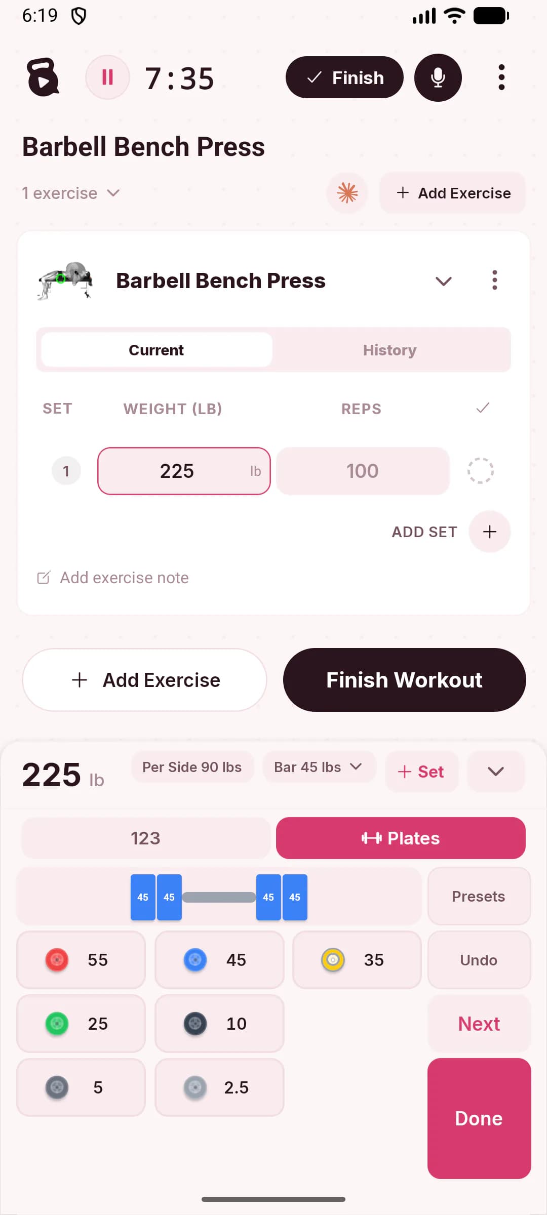 JustGains plate calculator showing a barbell loaded with two 45 lb plates per side for a 225 lb bench press, with per-side weight and bar weight controls