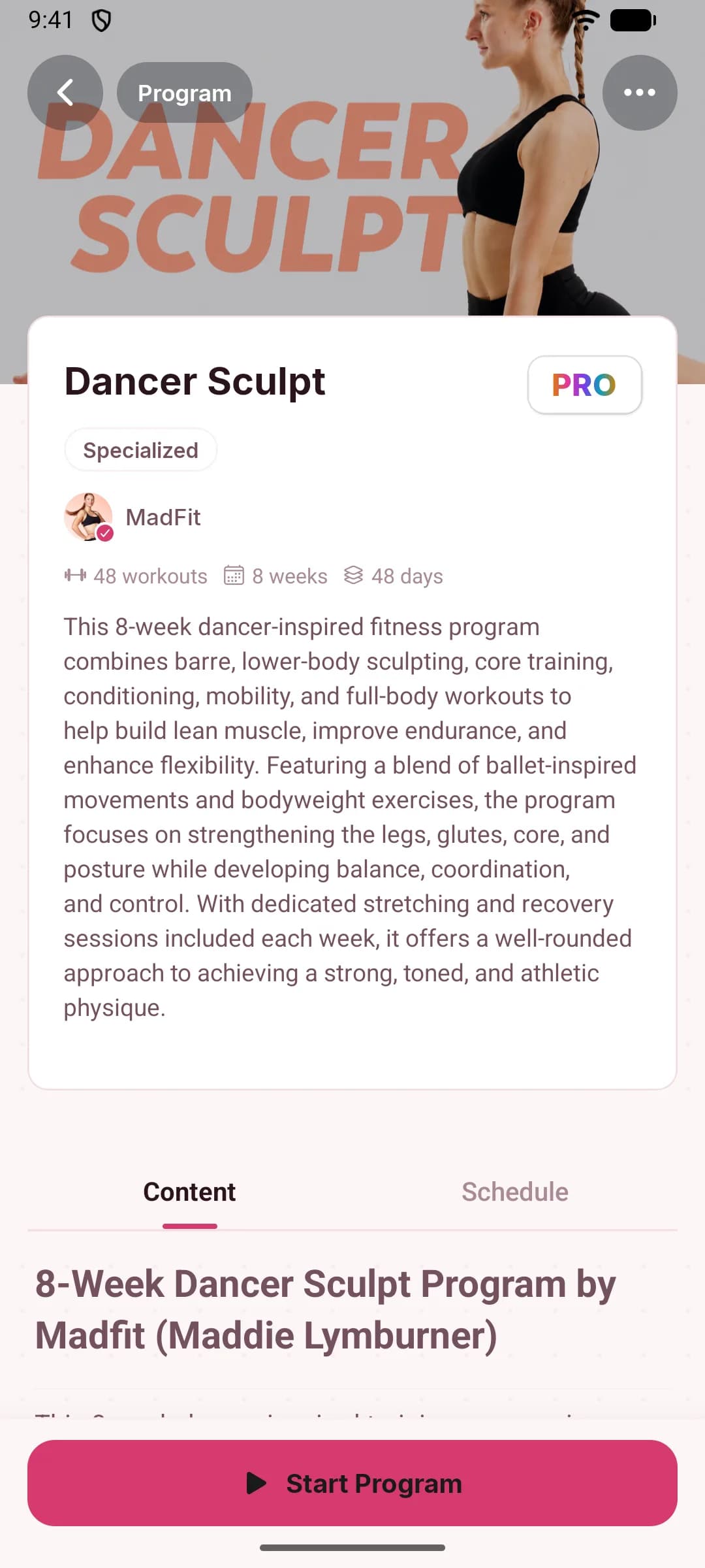 The Dancer Sculpt program page in JustGains: poster art, PRO badge, MadFit verified, 48 workouts across 8 weeks, and a Start Program button