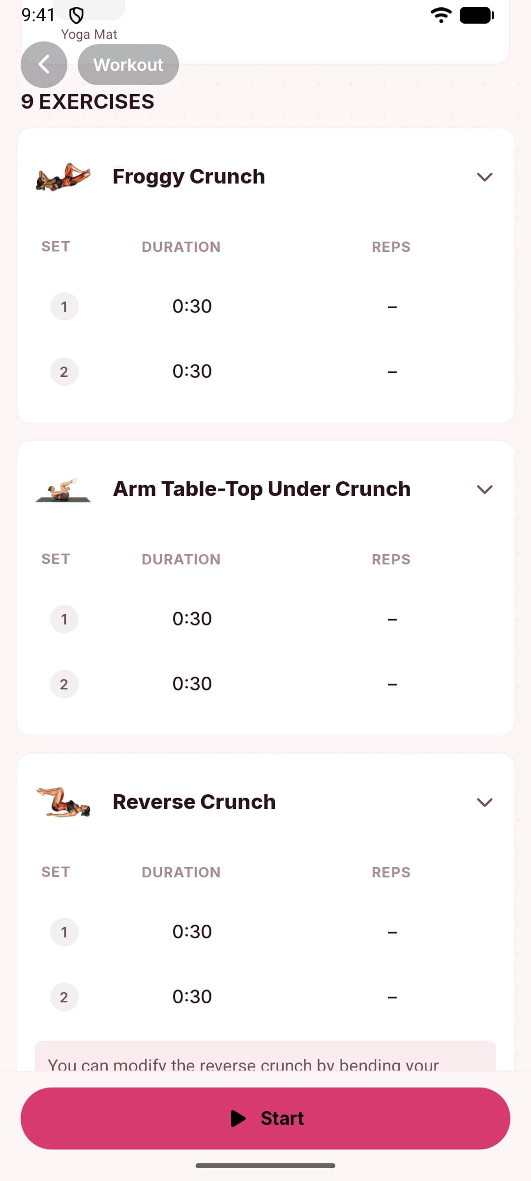 The exercise list of a MadFit core workout: Froggy Crunch, Arm Table-Top Under Crunch, and Reverse Crunch with illustrations, timed sets, and her modification note