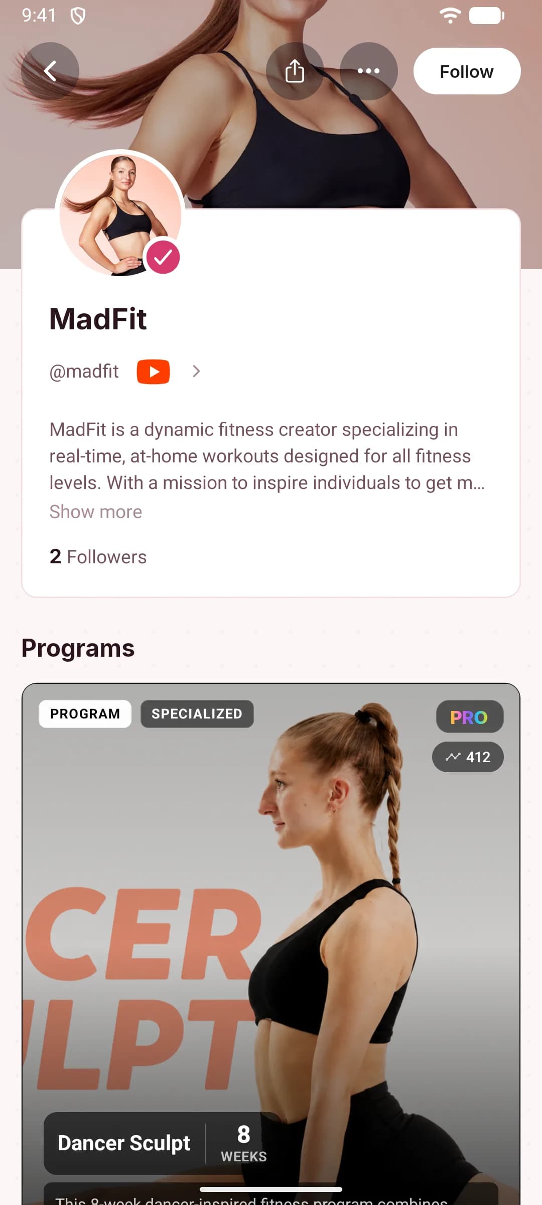 MadFit’s verified creator profile in JustGains with her bio, YouTube link, and Programs shelf showing Dancer Sculpt
