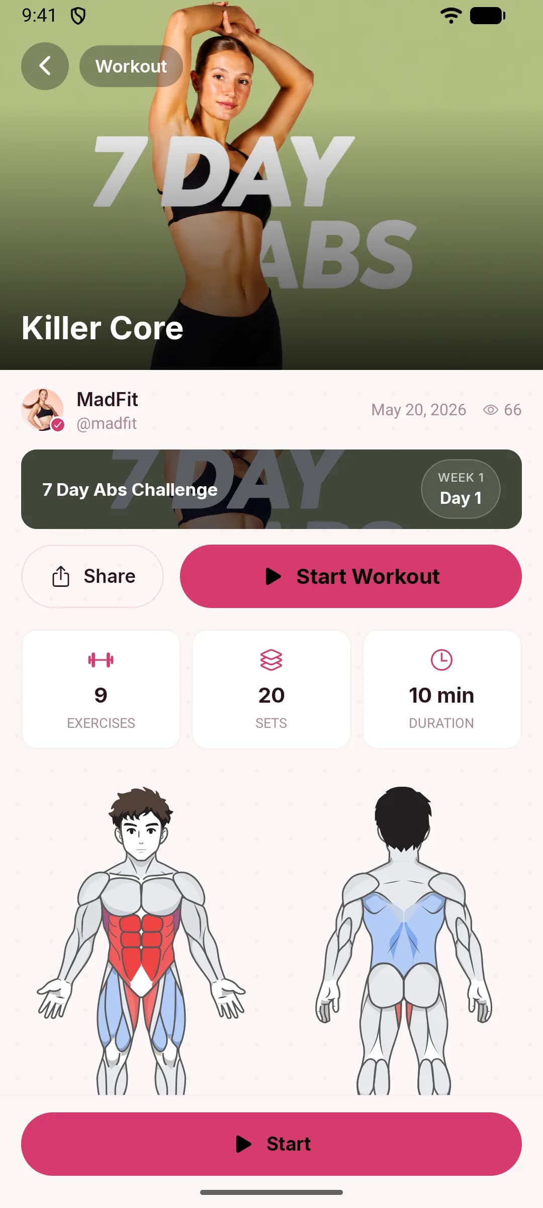 Killer Core, Day 1 of the 7 Day Abs Challenge: MadFit’s verified byline, 9 exercises, 20 sets, 10 minutes, and front/back muscle anatomy diagrams
